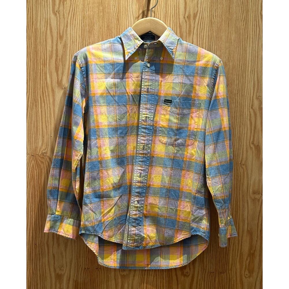 Vintage 1990s Façonnable Pastel Orange Blue Plaid Dress Shirt Men's Large Cotton